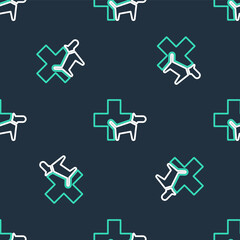 Line Veterinary clinic symbol icon isolated seamless pattern on black background. Cross with dog veterinary care. Pet First Aid sign. Vector.