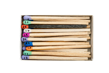 Box with Multicolored matchsticks with faces painted on the heads