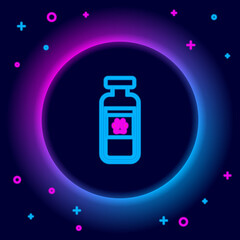 Glowing neon line Pets vial medical icon isolated on black background. Prescription medicine for animal. Colorful outline concept. Vector.