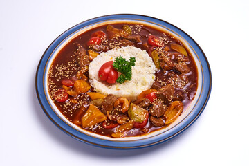 stewed meat with vegetables and boiled rice, on isolate