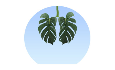 Monstera leaves as lungs in blue transparent ball.Logo design.Ecology concept against environment air pollution from CO2,smoking.Home planting as protection against smog. Horisontal banner.Copy space