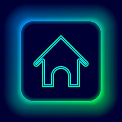 Glowing neon line Dog house icon isolated on black background. Dog kennel. Colorful outline concept. Vector.