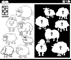 matching shapes game with sheep coloring book page