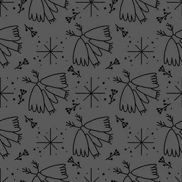 Seamless pattern in the style of doodle on a dark background with an illustration of a moth butterfly, stars, and branches with berries