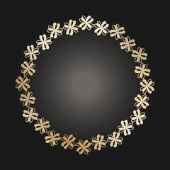 Golden frame with lace ornament in circle on black background. Art deco. Luxury gold round mandala, hand draw design. Ethnic motif. Abstract vector illustration. Template design for invitation.