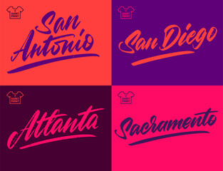 City vintage grange inscription. San Antonio, San Diego, Atlanta, Sacramento Vector illustration