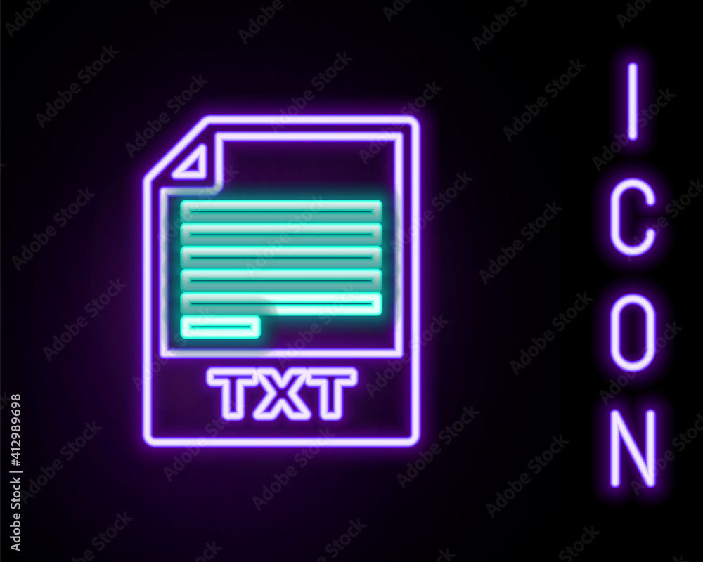 Fototapete Glowing neon line TXT file document. Download txt button icon isolated on black background. Text file extension symbol. Colorful outline concept. Vector.