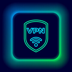 Glowing neon line Shield with VPN and wifi wireless internet network symbol icon isolated on black background. VPN protect safety concept. Colorful outline concept. Vector.