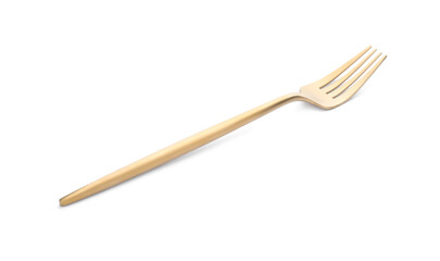 Elegant shiny golden fork isolated on white