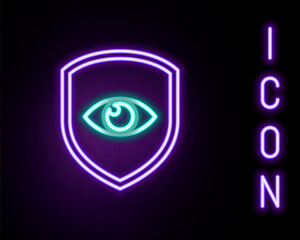 Glowing neon line Shield and eye icon isolated on black background. Security, safety, protection, privacy concept. Colorful outline concept. Vector.