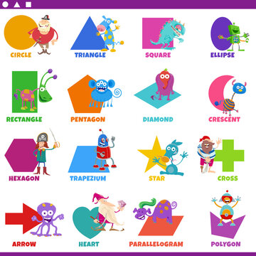 basic geometric shapes with funny fantasy characters set