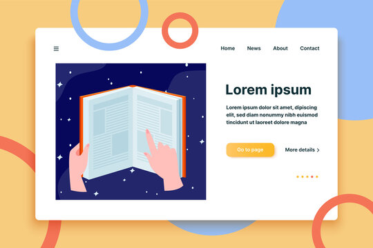 Human hands holding open book. Book reading, stars, night sky background flat vector illustration. Knowledge, library, literature concept for banner, website design or landing web page