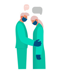 Healthcare worker supports and comforts the patient, expresses sympathy, reports something sad. Real emotions. Pain, sadness, despair. Flat cartoon vector illustration.