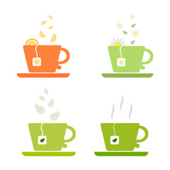 Set of 4 cups of fruit and herbal tea. Green and orange circles. Tea with leaf, chamomile, orange
