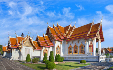 Panorama of Wat Benchamabophit Dusitvanaram - buddhist Temple in Bangkok, Thailand. Also known as the Marble Temple, it is one of Bangkok's best-known temples and a major tourist attraction