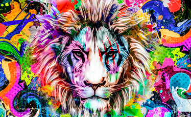 lion head with creative abstract elements on colorful background - obrazy, fototapety, plakaty