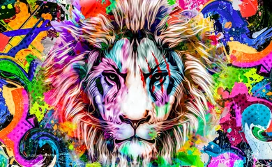 Poster Im Rahmen Löwenkopf mit kreativen abstrakten Elementen auf buntem Hintergrund © reznik_val