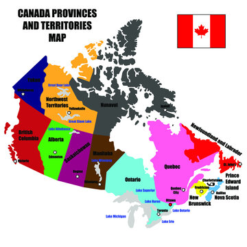 Full Canada Vector Map of Provinces, Territories and Capitals in bright colors.
