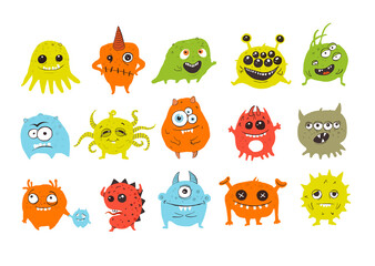 Cute colored Doodle monsters on white background. Germ doodles.