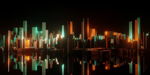 Fototapeta na wymiar Skyscrapers reflect lights on water in holographic neon colors. Futuristic buildings and glowing lights. 3D rendering illustration