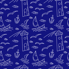 Lighthouse and sailboat. Nautical Seamless vector pattern. Doodle style. Blue and white colors