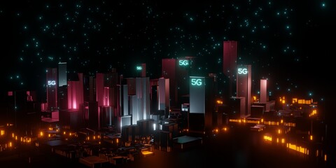 Fototapeta na wymiar Aerial view of 5G city with skyscrapers in holographic neon colors. Futuristic buildings and glowing lights. 5G wireless communication in city 3D rendering illustration