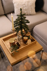 Composition with decorative Christmas tree and reindeer on wooden tray near sofa