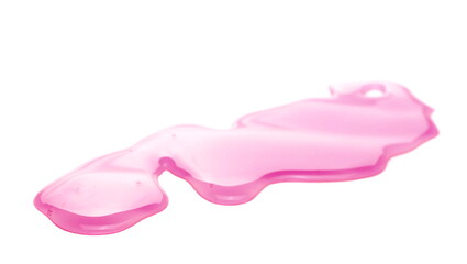 Light pink liquid, detergent puddle isolated on white background and texture, side view