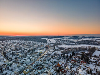 Fototapeta na wymiar Winter Bavarian City view during sunset phase 