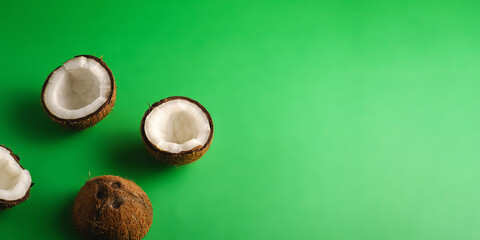 Coconut fruits on green plain background, banner with copy space