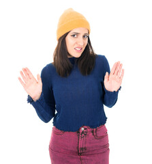 Young woman gesturing stop sign with palm of hand, refuses or reject something, isolated on white...