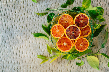 Fruit bowl with Valencian oranges of the sanguinelli variety