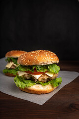 Fresh tasty burger on a blue background. Сheeseburger with chicken cutlet