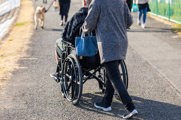 Obraz premium 冬の暖かい日、車椅子に乗った人と散歩をする女性