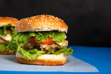 Fresh tasty burger on a blue background. Сheeseburger with chicken cutlet