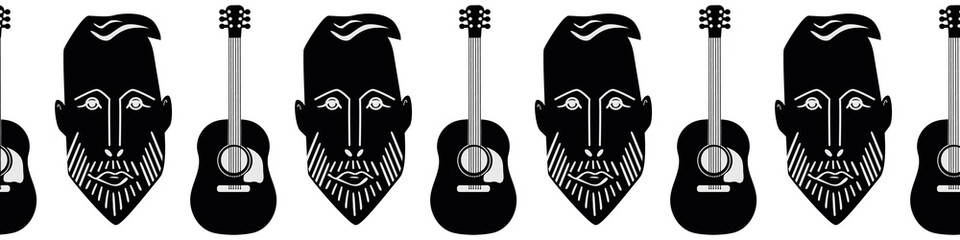 Acoustic guitar and male face vector seamless border. Banner with black alternating rows of string instruments and bearded man hipster head. High contrast monochrome design for edging, ribbon. tape