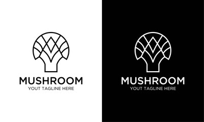 mushroom company line art simple and modern logo design inspiration on a black and white background.