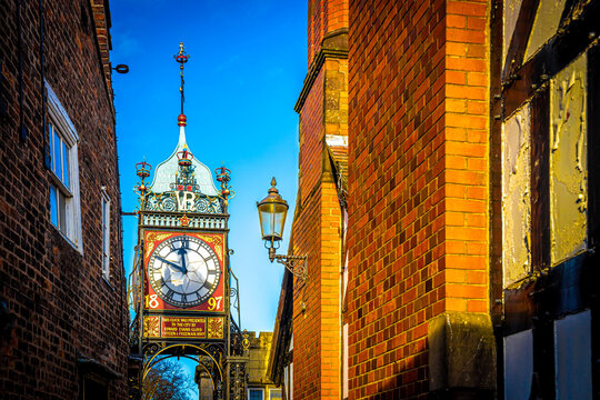 Eastgate clock of Chester, a city in northwest England,  known for its extensive Roman walls made of local red sandstone
