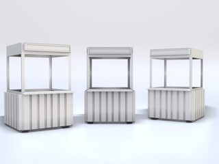 3D RENDER ILLUSTRATION. Sample idea model hot food and drink booth exhibition counter kiosk. Small business street food stall or Product fair market concept design.