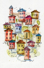 Watercolour picture with doodle image of a small town