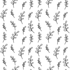 Minimalistic twigs. Simple black and white seamless vector pattern in doodle style. 