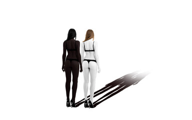 Two girls of different ethnicity hold hands.  Two girls in lingerie on a white background. 