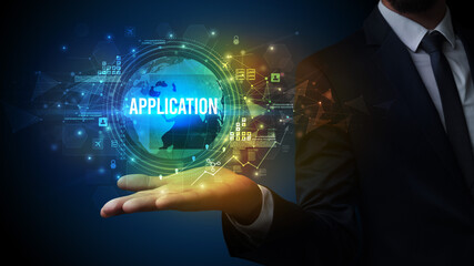 Elegant hand holding APPLICATION inscription, digital technology concept