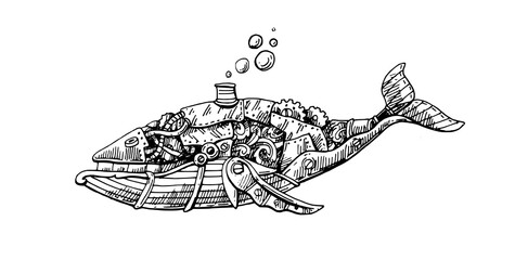 Mechanical fish. Hand drawn vector illustration. - 413007026