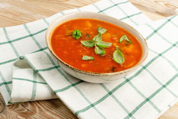 Red Tomato Soup with Barley, Potato, Carrot, Cabbage and Cereals