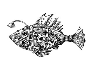 Mechanical fish. Hand drawn vector illustration. - 413007235