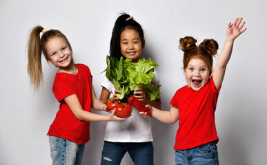 Little girls happily hold fresh vegetables and salad, standing on a gray background. Funny kids of...