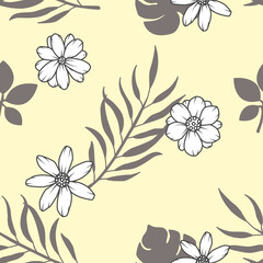 Seamless repeated surface vector pattern design with little white outlines flowers and gray topical leaves on a pastel yellow background