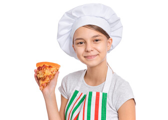 Girl cook in apron holds plate with fresh pizza, isolated on white background.