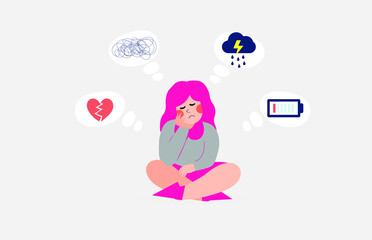 Female character sitting and thinking sadly. Adolescent girl with mental illness symptoms. Woman having anxiety, broken heart, stress and depression. Concept of negative emotions and feelings. Vector.